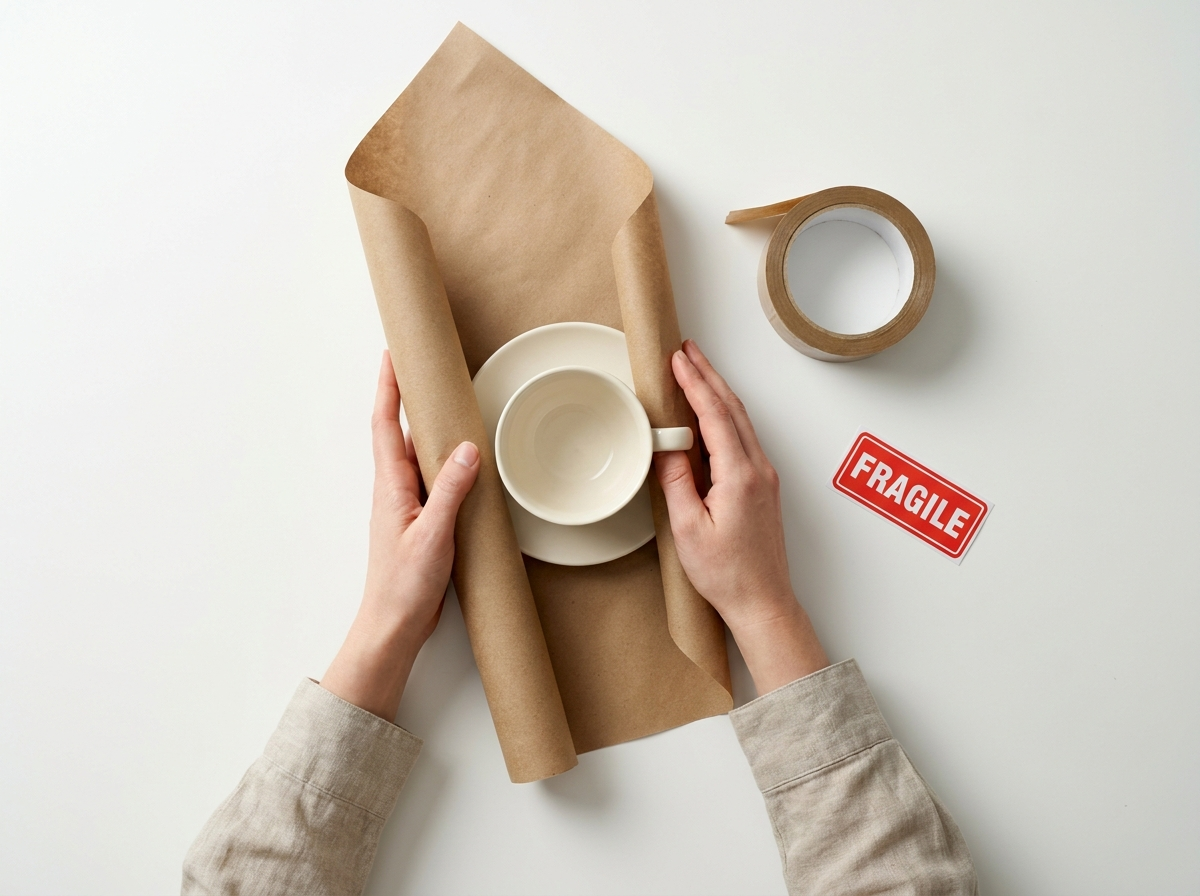 Hands carefully wrapping fragile crockery in brown packing paper with a FRAGILE label