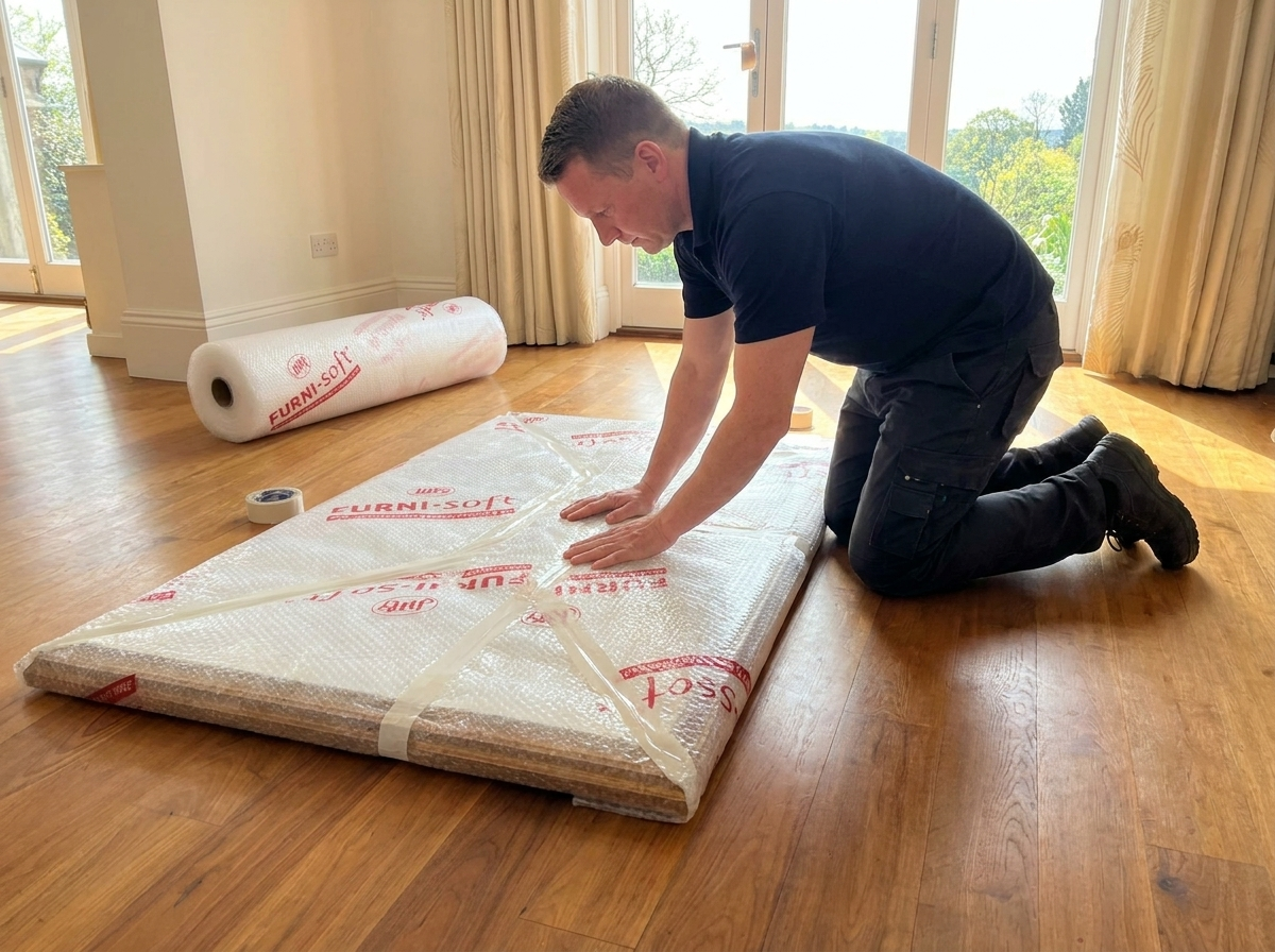 Professional packing crew carefully wrapping furniture in protective packaging