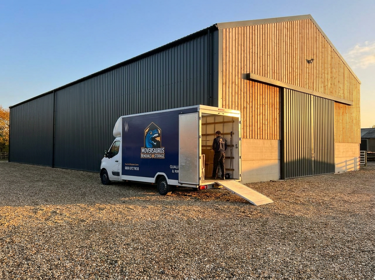 Moversaurus branded removal lorry at the Old Sawmill storage facility in Balcombe, West Sussex