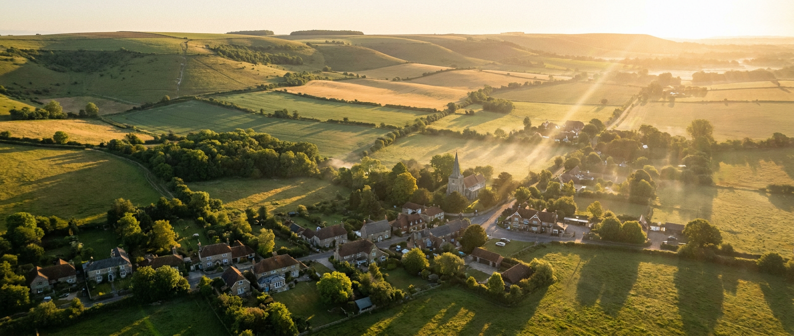 Aerial view of West Sussex countryside — rolling South Downs hills and village at golden hour